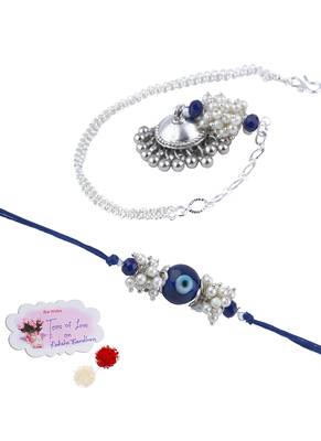 Handmade rakhi combo couple pair blue evil eye rakhi and silver plated jhumki pearl bracelet for bhaiya bhabhi 1