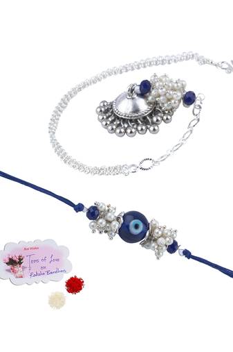 Handmade rakhi combo couple pair blue evil eye rakhi and silver plated jhumki pearl bracelet for bhaiya bhabhi