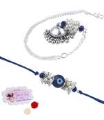 Handmade rakhi combo couple pair blue evil eye rakhi and silver plated jhumki pearl bracelet for bhaiya bhabhi