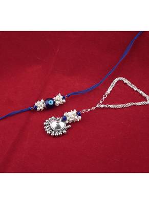 Handmade rakhi combo couple pair blue evil eye rakhi and silver plated jhumki pearl bracelet for bhaiya bhabhi 2