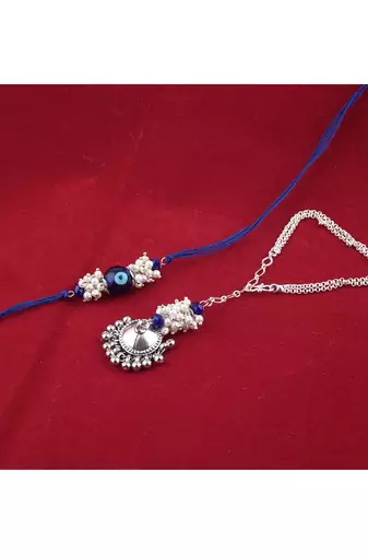 Handmade rakhi combo couple pair blue evil eye rakhi and silver plated jhumki pearl bracelet for bhaiya bhabhi