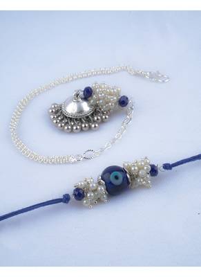 Handmade rakhi combo couple pair blue evil eye rakhi and silver plated jhumki pearl bracelet for bhaiya bhabhi 3
