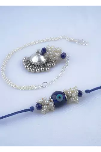 Handmade rakhi combo couple pair blue evil eye rakhi and silver plated jhumki pearl bracelet for bhaiya bhabhi