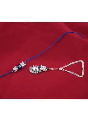 Handmade rakhi combo couple pair blue evil eye rakhi and silver plated jhumki pearl bracelet for bhaiya bhabhi 4