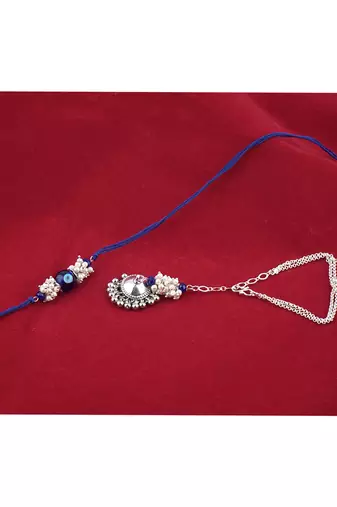 Handmade rakhi combo couple pair blue evil eye rakhi and silver plated jhumki pearl bracelet for bhaiya bhabhi