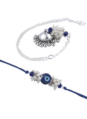 Handmade rakhi combo couple pair blue evil eye rakhi and silver plated jhumki pearl bracelet for bhaiya bhabhi 5