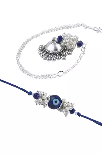 Handmade rakhi combo couple pair blue evil eye rakhi and silver plated jhumki pearl bracelet for bhaiya bhabhi
