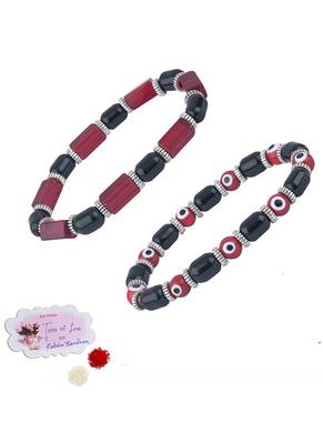 Handmade rakhi combo couple pair red evil eye stretchable unisex bracelets for bhaiya bhabhi 1