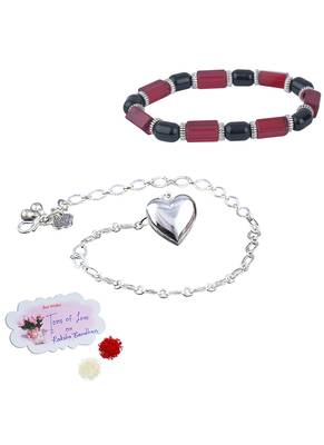 Handmade rakhi combo couple pair silver plated heart charm rakhi and red unisex stretchable bracelet for bhaiya bhabhi 1
