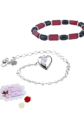 Handmade rakhi combo couple pair silver plated heart charm rakhi and red unisex stretchable bracelet for bhaiya bhabhi