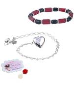 Handmade rakhi combo couple pair silver plated heart charm rakhi and red unisex stretchable bracelet for bhaiya bhabhi