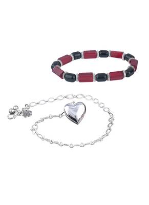 Handmade rakhi combo couple pair silver plated heart charm rakhi and red unisex stretchable bracelet for bhaiya bhabhi 4