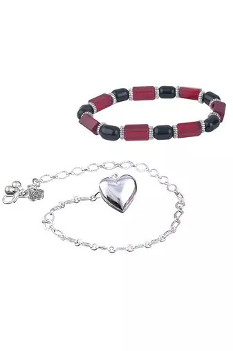 Handmade rakhi combo couple pair silver plated heart charm rakhi and red unisex stretchable bracelet for bhaiya bhabhi