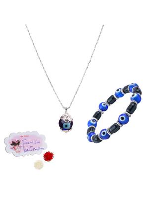 Handmade rakhi combo couple pair blue evil eye unisex bracelet and pendant set silver plated for bhaiya bhabhi 1