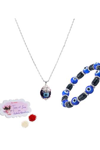 Handmade rakhi combo couple pair blue evil eye unisex bracelet and pendant set silver plated for bhaiya bhabhi