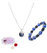 Handmade rakhi combo couple pair blue evil eye unisex bracelet and pendant set silver plated for bhaiya bhabhi