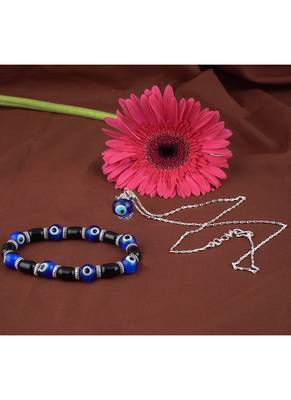 Handmade rakhi combo couple pair blue evil eye unisex bracelet and pendant set silver plated for bhaiya bhabhi 2