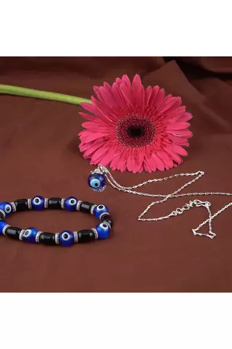 Handmade rakhi combo couple pair blue evil eye unisex bracelet and pendant set silver plated for bhaiya bhabhi