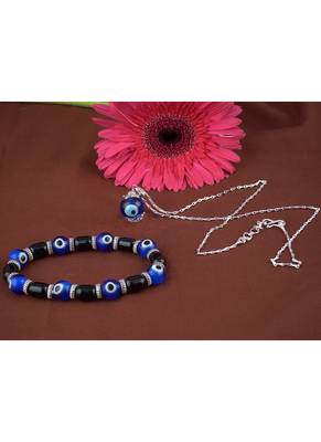Handmade rakhi combo couple pair blue evil eye unisex bracelet and pendant set silver plated for bhaiya bhabhi 3