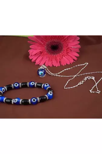 Handmade rakhi combo couple pair blue evil eye unisex bracelet and pendant set silver plated for bhaiya bhabhi