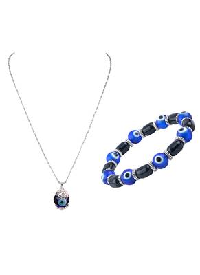 Handmade rakhi combo couple pair blue evil eye unisex bracelet and pendant set silver plated for bhaiya bhabhi 4