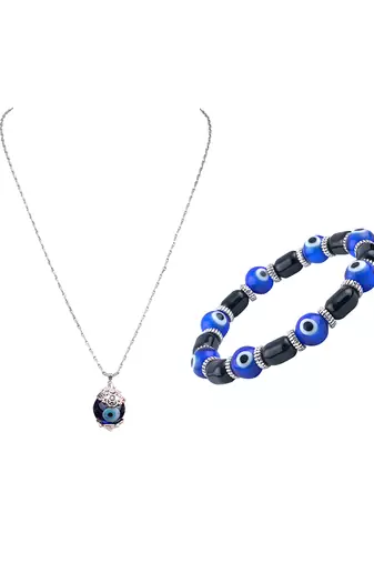 Handmade rakhi combo couple pair blue evil eye unisex bracelet and pendant set silver plated for bhaiya bhabhi