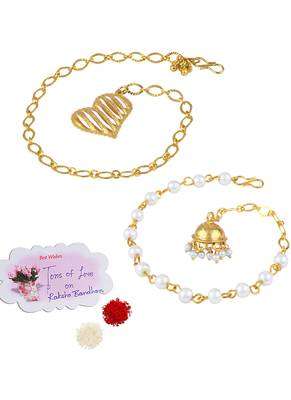 Handmade combo couple pair gold heart & jhumki charm unisex bracelet set for bhaiya bhabhi 1