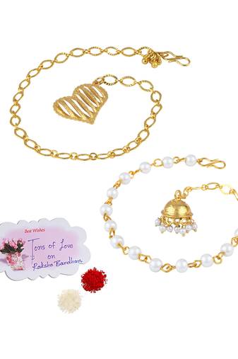 Handmade combo couple pair gold heart & jhumki charm unisex bracelet set for bhaiya bhabhi