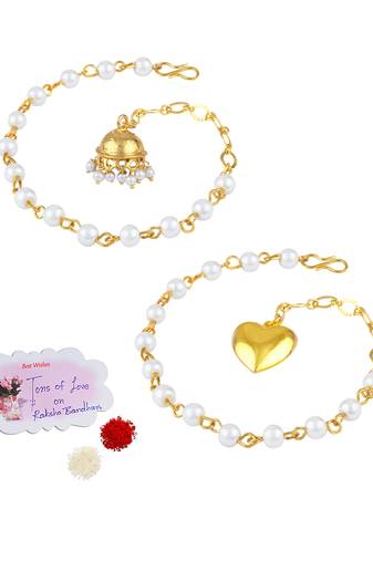 Handmade combo couple pair gold heart & jhumki charm unisex bracelet set for bhaiya bhabhi