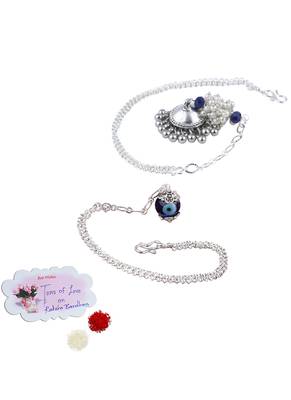 Handmade rakhi combo couple pair silver plated  blue evil eye and jhumki pearl lumba bracelet for bhaiya bhabhi 1