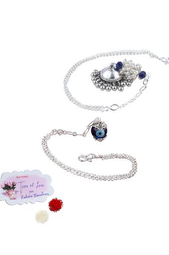 Handmade rakhi combo couple pair silver plated  blue evil eye and jhumki pearl lumba bracelet for bhaiya bhabhi