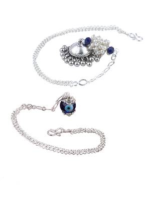 Handmade rakhi combo couple pair silver plated  blue evil eye and jhumki pearl lumba bracelet for bhaiya bhabhi 2