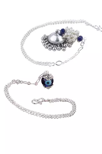 Handmade rakhi combo couple pair silver plated  blue evil eye and jhumki pearl lumba bracelet for bhaiya bhabhi