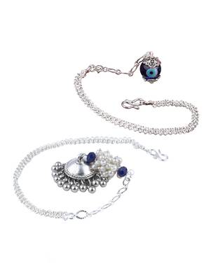 Handmade rakhi combo couple pair silver plated  blue evil eye and jhumki pearl lumba bracelet for bhaiya bhabhi 3