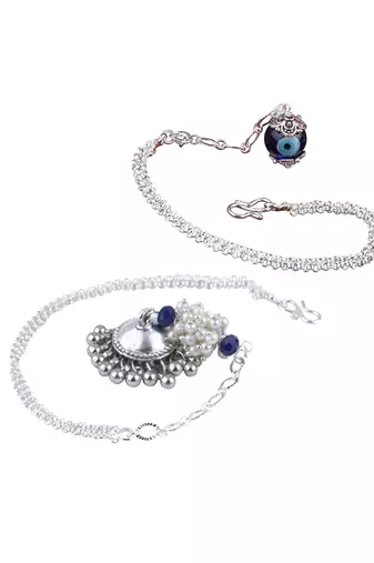 Handmade rakhi combo couple pair silver plated  blue evil eye and jhumki pearl lumba bracelet for bhaiya bhabhi