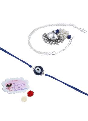 Handmade rakhi combo couple pair blue evil eye rakhi and silver plated jhumki pearl lumba bracelet for bhaiya bhabhi 1