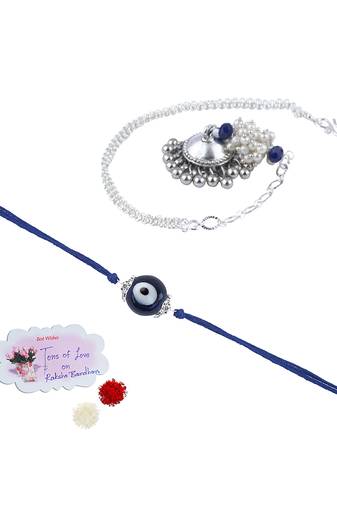 Handmade rakhi combo couple pair blue evil eye rakhi and silver plated jhumki pearl lumba bracelet for bhaiya bhabhi
