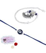 Handmade rakhi combo couple pair blue evil eye rakhi and silver plated jhumki pearl lumba bracelet for bhaiya bhabhi