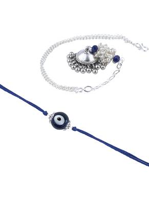 Handmade rakhi combo couple pair blue evil eye rakhi and silver plated jhumki pearl lumba bracelet for bhaiya bhabhi 2