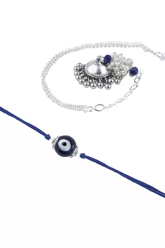 Handmade rakhi combo couple pair blue evil eye rakhi and silver plated jhumki pearl lumba bracelet for bhaiya bhabhi