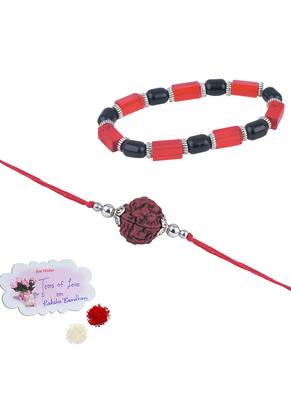 Handmade rakhi combo couple pair panch mukhi rudraksh rakhi and maroon unisex stretchable bracelet for bhaiya bhabhi 1
