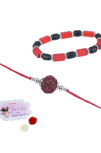 Handmade rakhi combo couple pair panch mukhi rudraksh rakhi and maroon unisex stretchable bracelet for bhaiya bhabhi