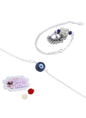 Handmade rakhi combo couple pair silver plated  blue evil eye and jhumki pearl lumba bracelet - bhaiya bhabhi 1