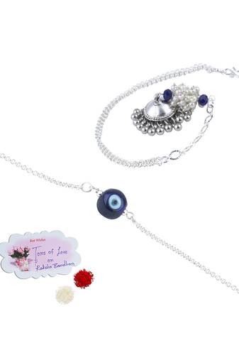 Handmade rakhi combo couple pair silver plated  blue evil eye and jhumki pearl lumba bracelet - bhaiya bhabhi