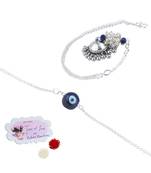 Handmade rakhi combo couple pair silver plated  blue evil eye and jhumki pearl lumba bracelet - bhaiya bhabhi