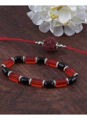 Handmade rakhi combo couple pair panch mukhi rudraksh rakhi and maroon unisex stretchable bracelet for bhaiya bhabhi 2