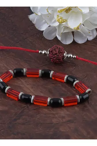 Handmade rakhi combo couple pair panch mukhi rudraksh rakhi and maroon unisex stretchable bracelet for bhaiya bhabhi