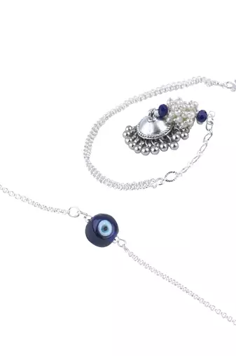 Handmade rakhi combo couple pair silver plated  blue evil eye and jhumki pearl lumba bracelet - bhaiya bhabhi
