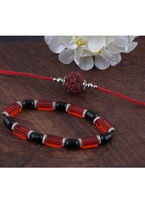 Handmade rakhi combo couple pair panch mukhi rudraksh rakhi and maroon unisex stretchable bracelet for bhaiya bhabhi 3