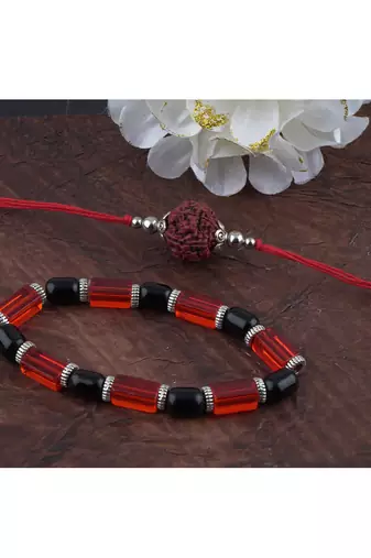 Handmade rakhi combo couple pair panch mukhi rudraksh rakhi and maroon unisex stretchable bracelet for bhaiya bhabhi